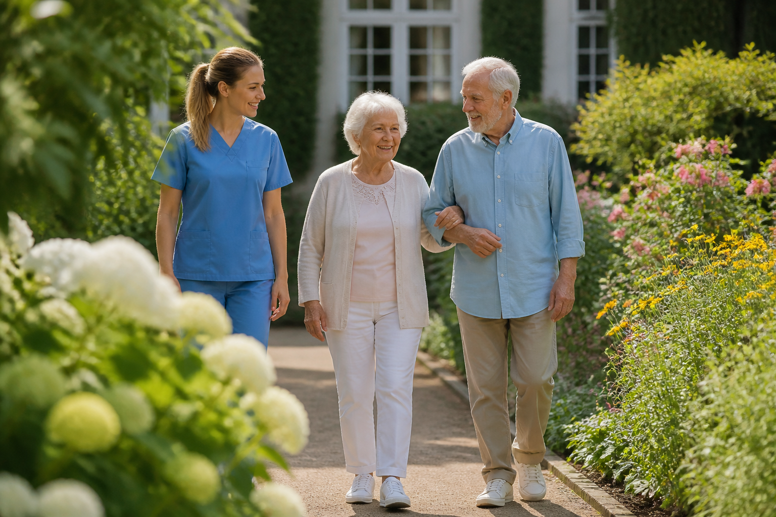 Seniors walking in a garden with a caregiver