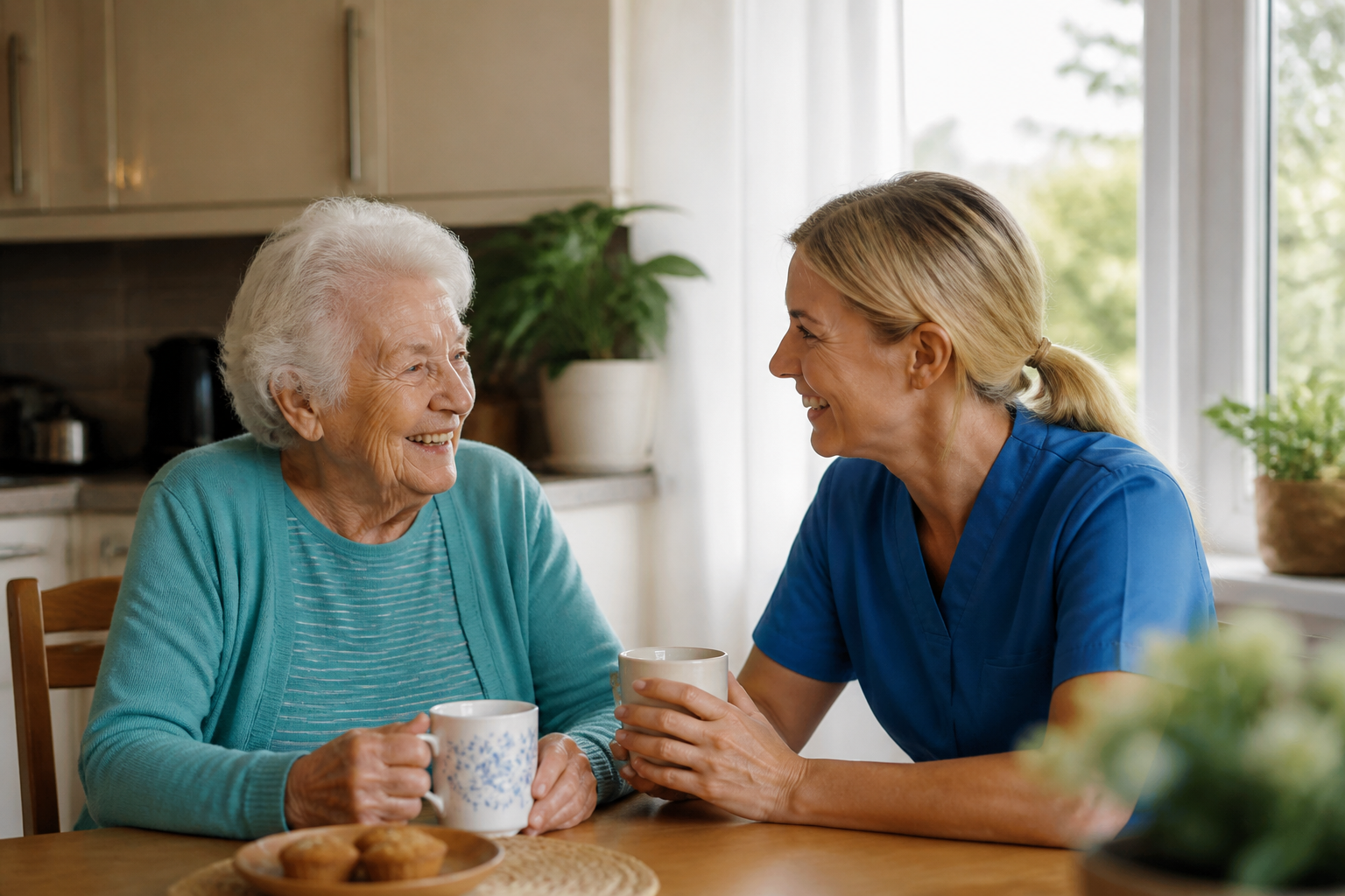 Caregiver and senior sharing tea at home