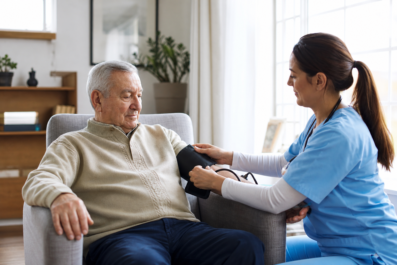 Caregiver checking blood pressure at home
