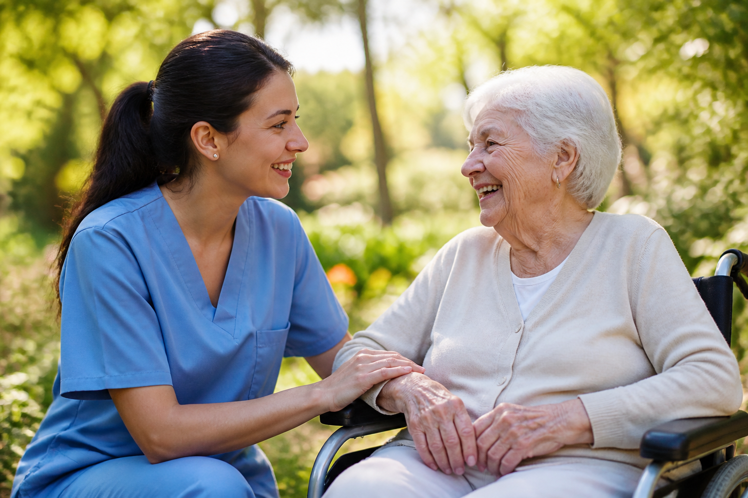 Caregiver talking with a senior outdoors