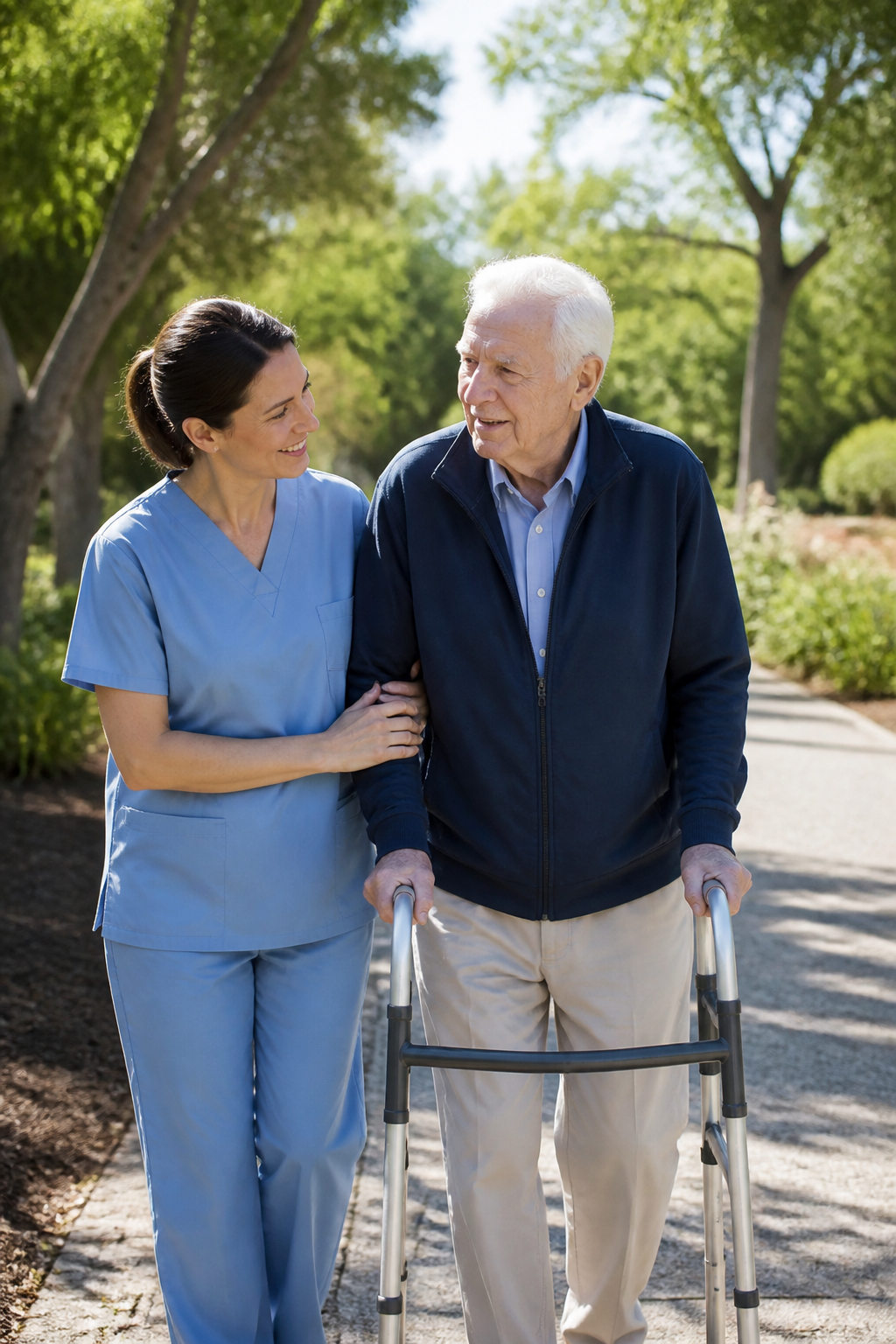 Caregiver walking outdoors with an older adult using a walker
